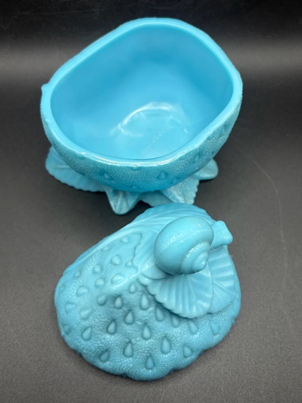 Portieux Blue Milk Glass Snail on Strawberry Lidded Dish Candy Bowl Trinket Box